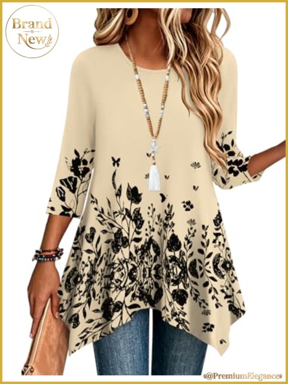Women's 3/4 Sleeve Loose Fit Boho Tunic Top Plus Size